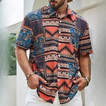 Реколта хавайски ризи за мъже, блузи с къс ръкав с етнически модел, модни и ежедневни дрехи за мъже, Свободна мъжка риза голям размер