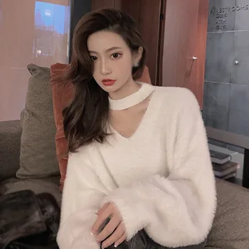 Ретро секси жена пуловер с дълъг ръкав, тънки висящи силует, обикновен женски пуловер, есен и зима, Корейски стил