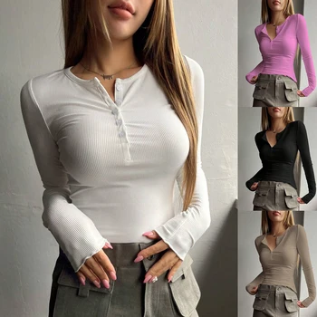 Тънки основни върхове в рубчик, дамска мода, пролет-есен, однотонная трикотажная тениска копчета с дълъг ръкав